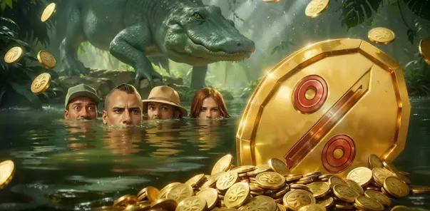 Playio Casino Schatztruhe umgeben von Team und mysteriösem Krokodil lockt